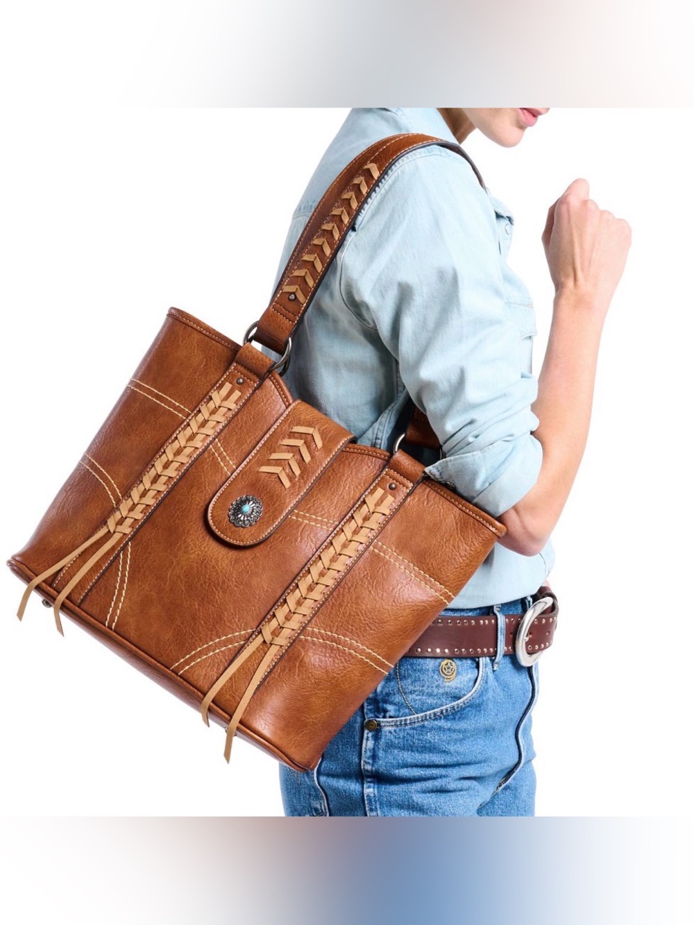 Justin Vegan Leather Whip Stitch Tote Bag with Turquoise Concho in Honey Brown
